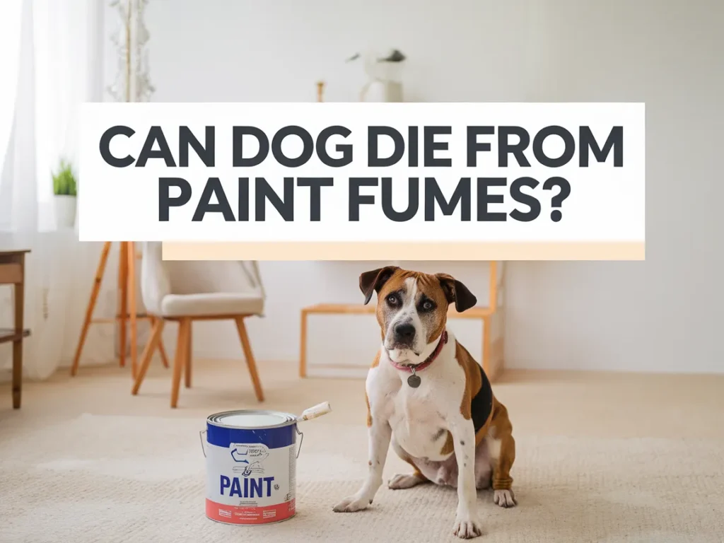 A concerned dog near a paint can, highlighting the risks of paint fumes to dogs.