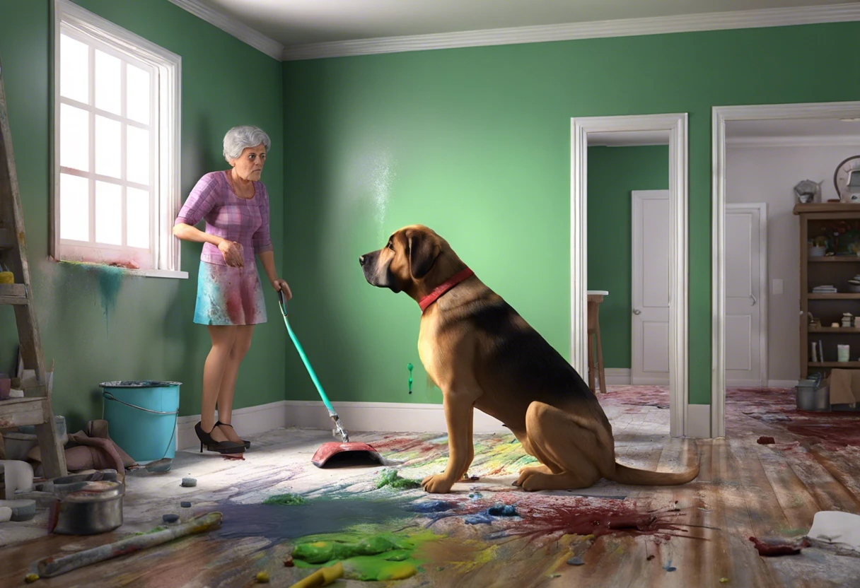 A dog in a room where paint fumes are present, highlighting the risks of paint fumes to pets.