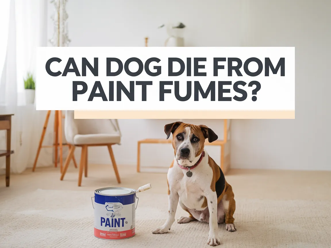 A concerned dog near a paint can, highlighting the risks of paint fumes to dogs.