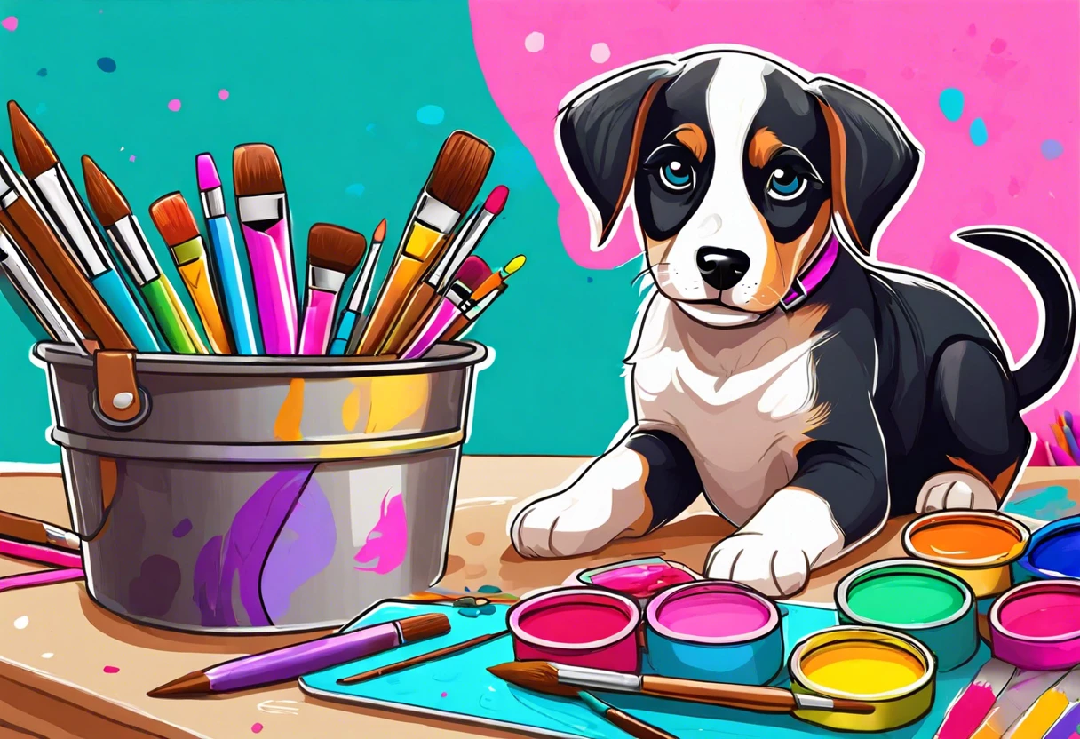 A cute puppy sitting beside a variety of non-toxic paints and paintbrushes, illustrating safe paint options for dogs' paws.