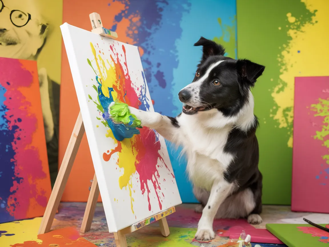 A dog using its paw to paint on a canvas, exploring creativity in art.