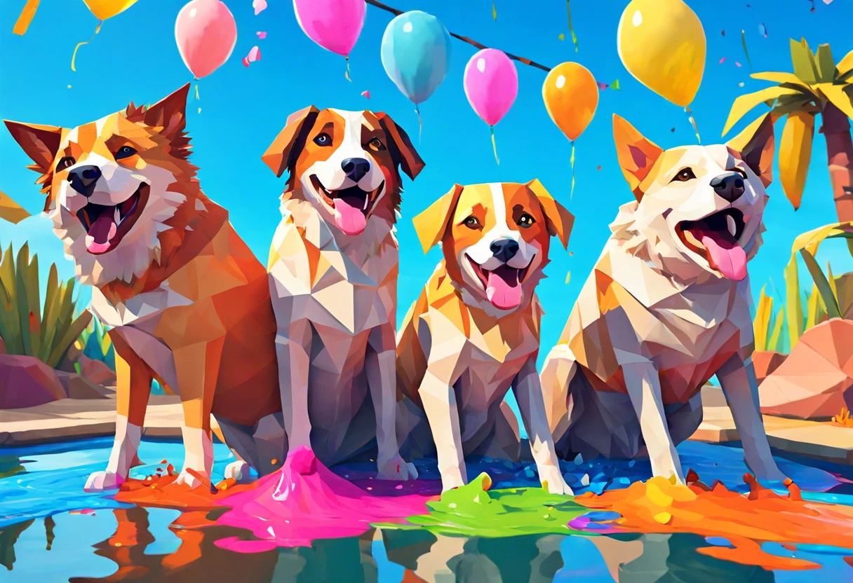 Four happy dogs with colorful paint splashes on the ground, showcasing their artistic abilities