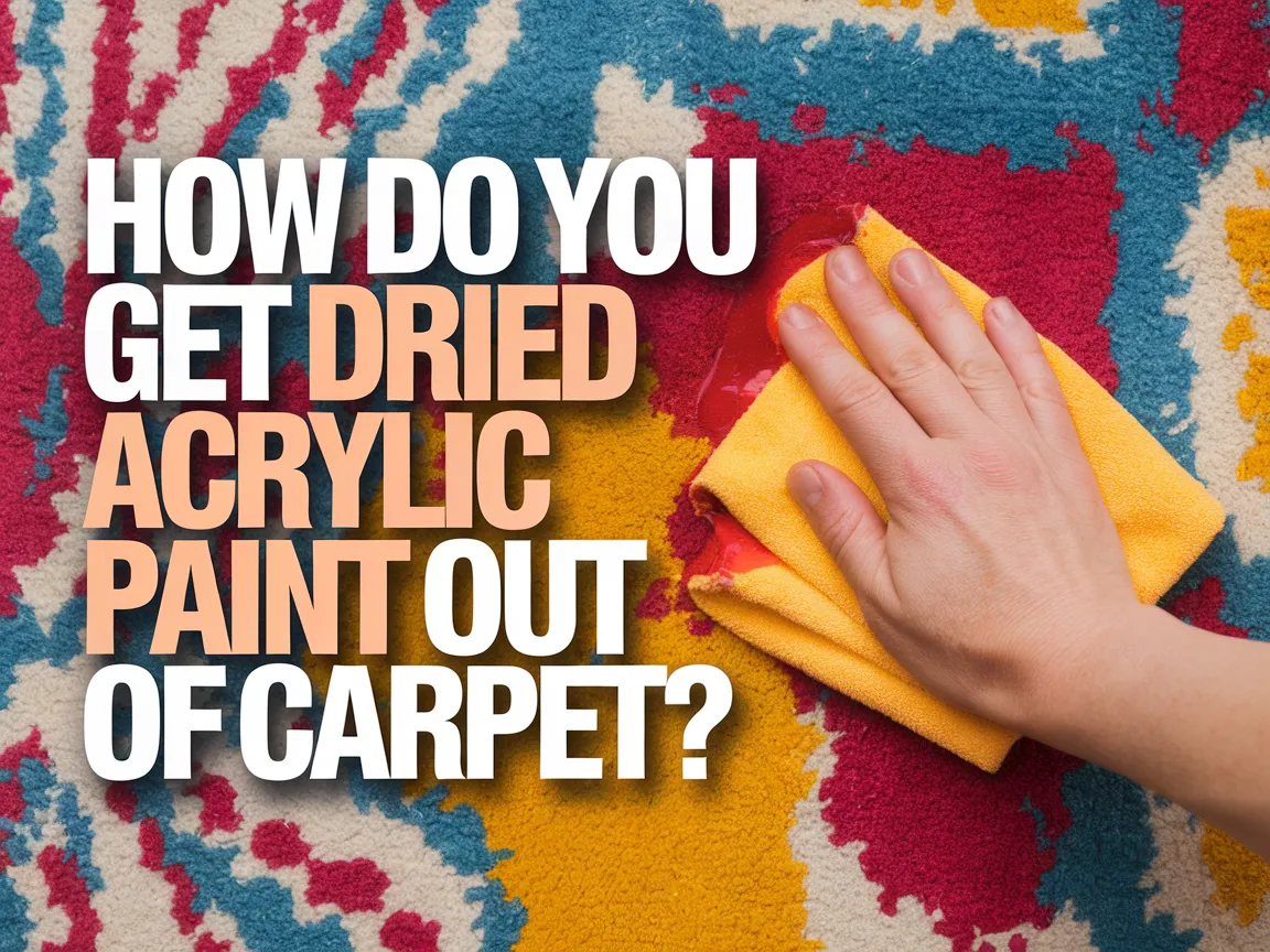 A hand cleaning dried acrylic paint from a colorful carpet with a yellow cloth
