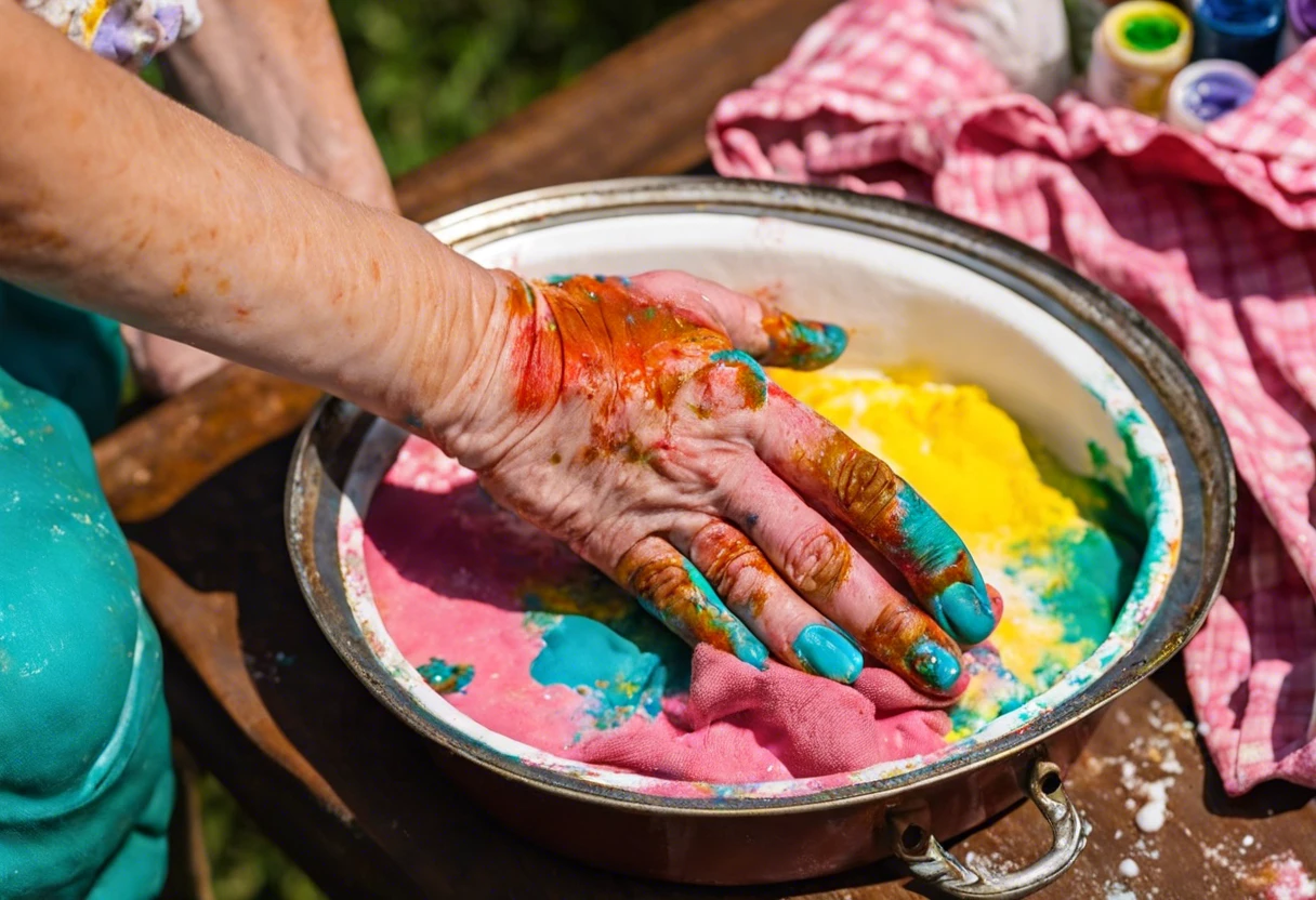Hand covered in colorful dried paint with a cloth in a bowl, illustrating how to remove dried paint from clothes.