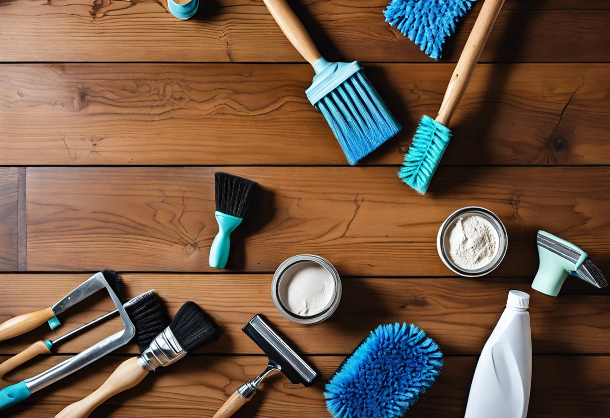 Cleaning tools for removing dried paint from hardwood floors, including brushes and scrapers.