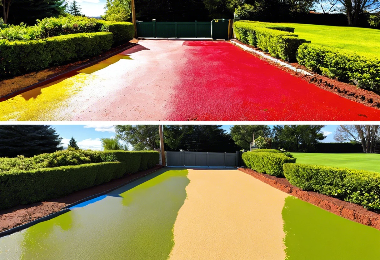 Comparison of painted driveway showing different color options and finishes related to driveway painting costs.