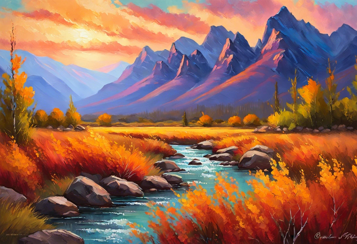Vibrant dry brush painting showcasing a mountain landscape with autumn colors and a flowing river.