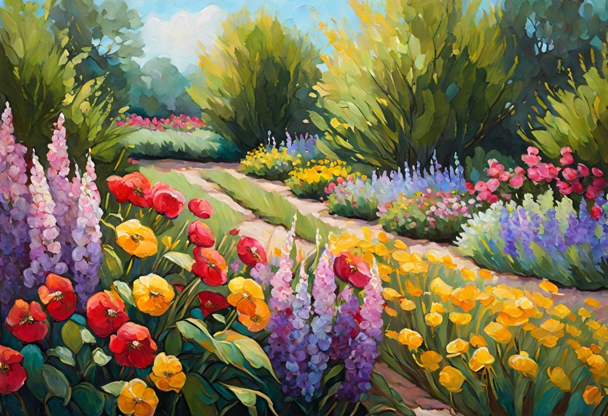 Vibrant dry brush painting of a flower garden showcasing various colorful blooms and greenery.