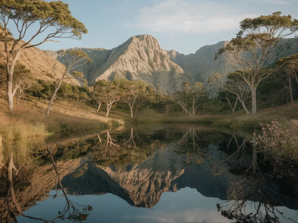 A serene landscape featuring trees and mountains, representing a dry brush painting technique.
