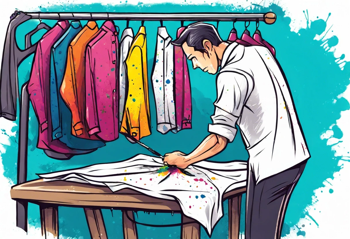 Dry cleaner working on removing paint stains from a shirt, illustrating how dry cleaners can help with paint removal.