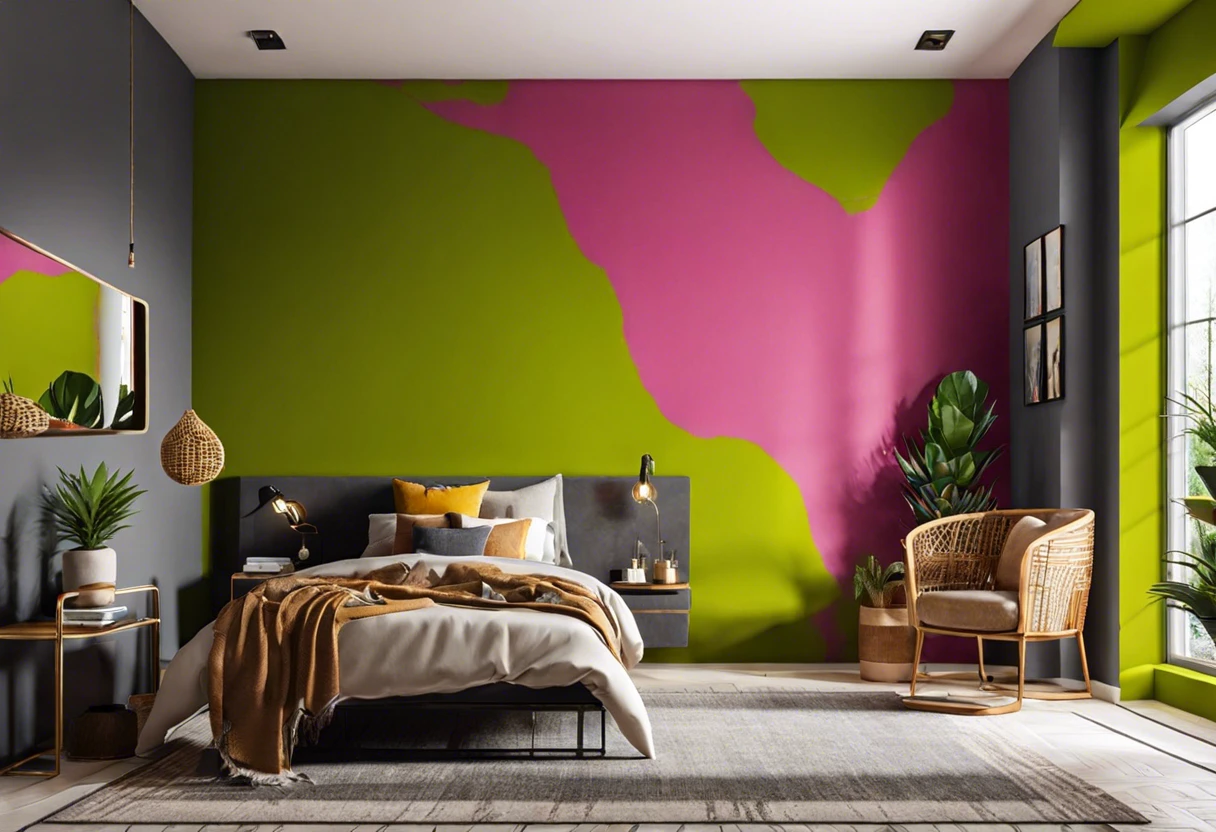 A contemporary bedroom featuring walls painted with vibrant dryfall paint colors, showcasing its unique application and design versatility.