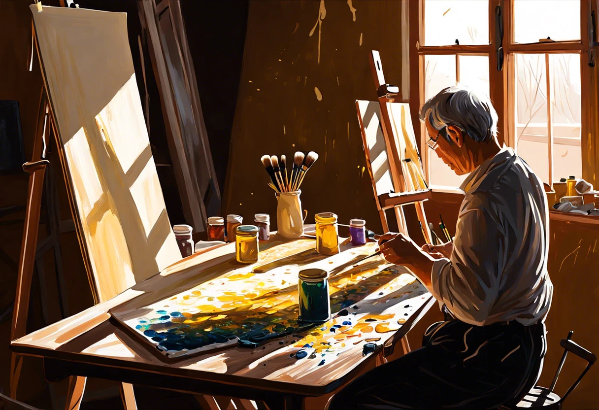 An artist demonstrating techniques for drying oil paint at a studio with jars of paint.