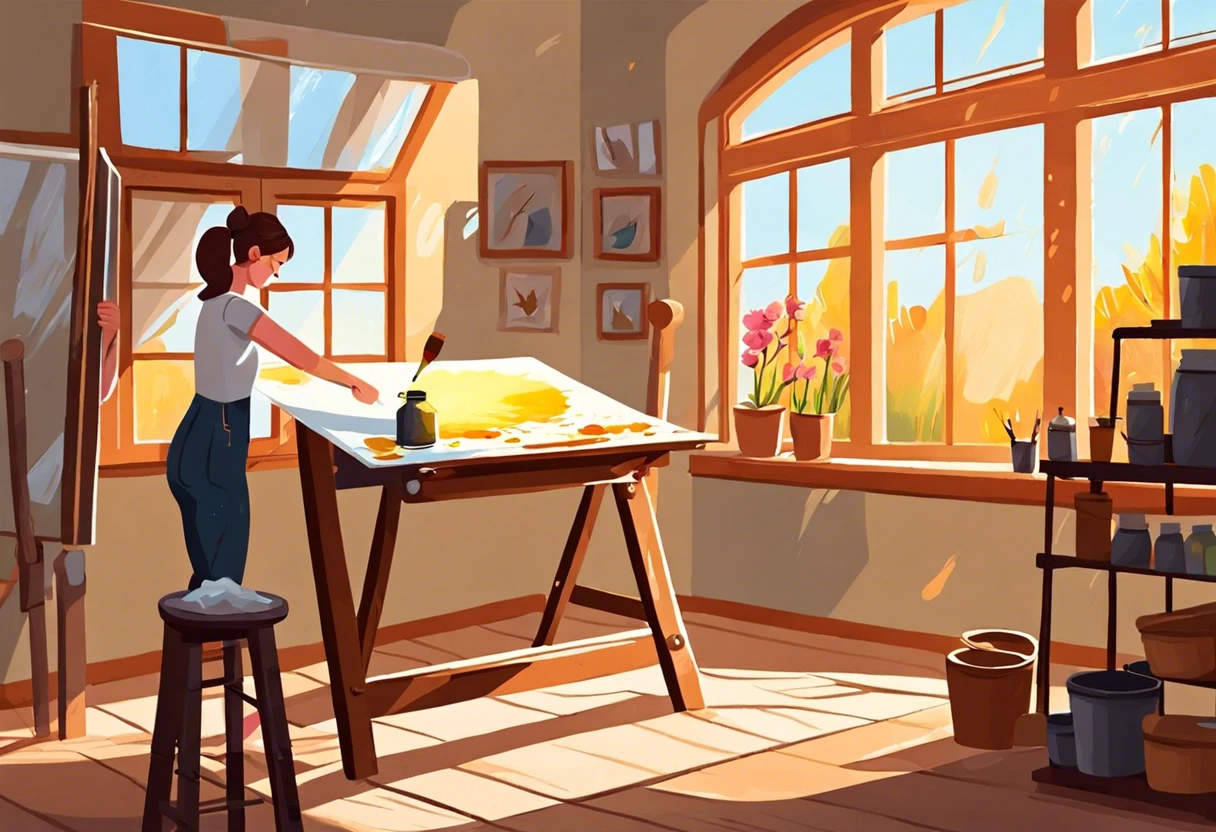 Artist working with oil paint in a sunlit studio, focusing on techniques to make oil paint dry faster.