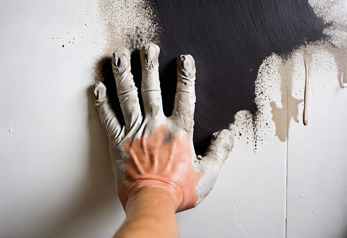 Applying drywall mud over painted surface hand technique.