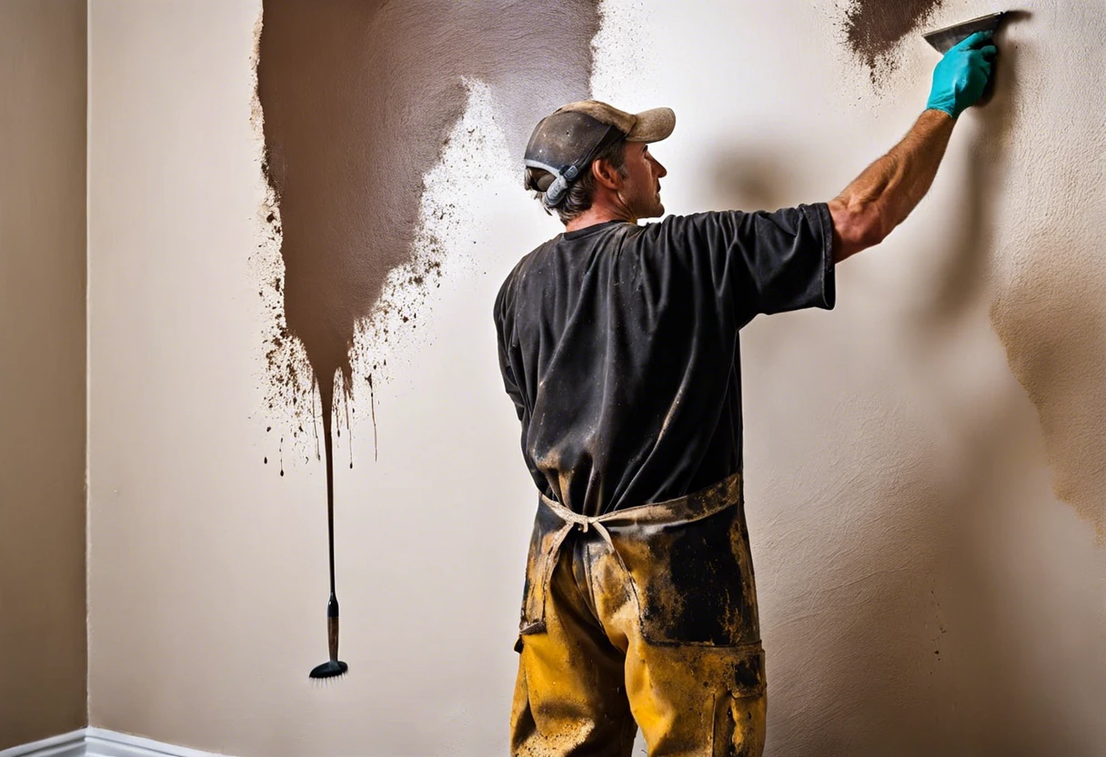 Person applying drywall mud over painted wall, demonstrating the process of mudding.