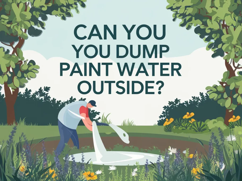 Illustration of a person dumping paint water outside into a pond surrounded by greenery