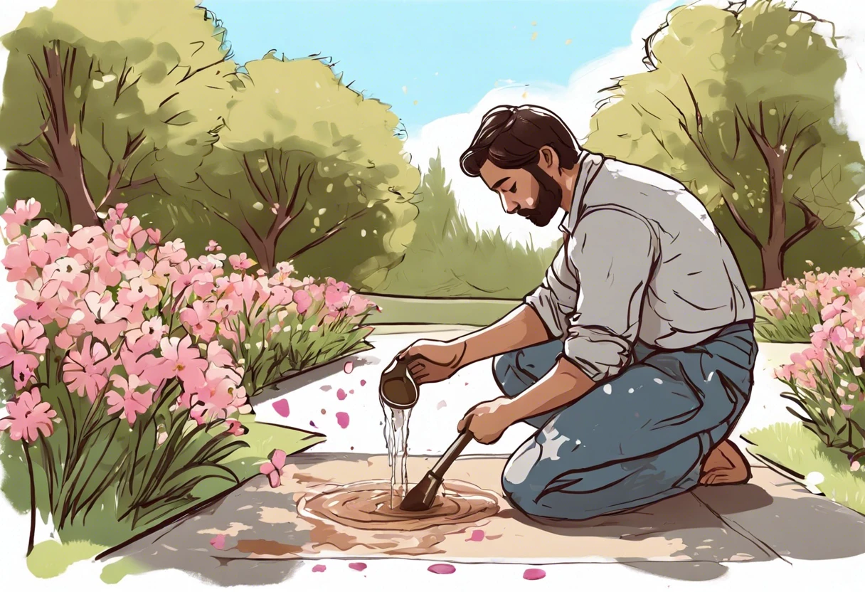 A person pouring paint water onto the ground in a garden, raising concerns about environmental impact.