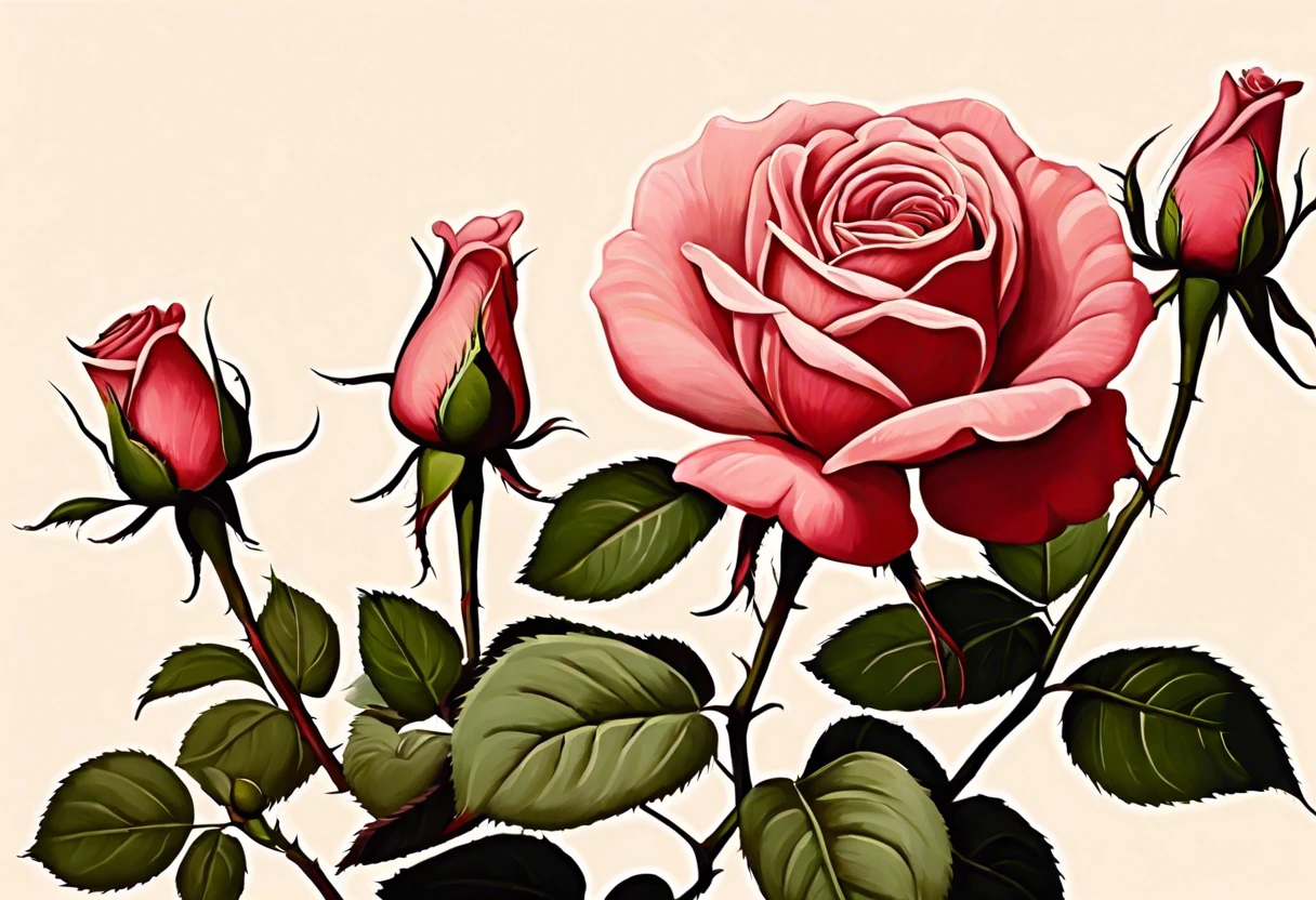 Painting of a pink rose and buds illustrating steps to paint a rose easily