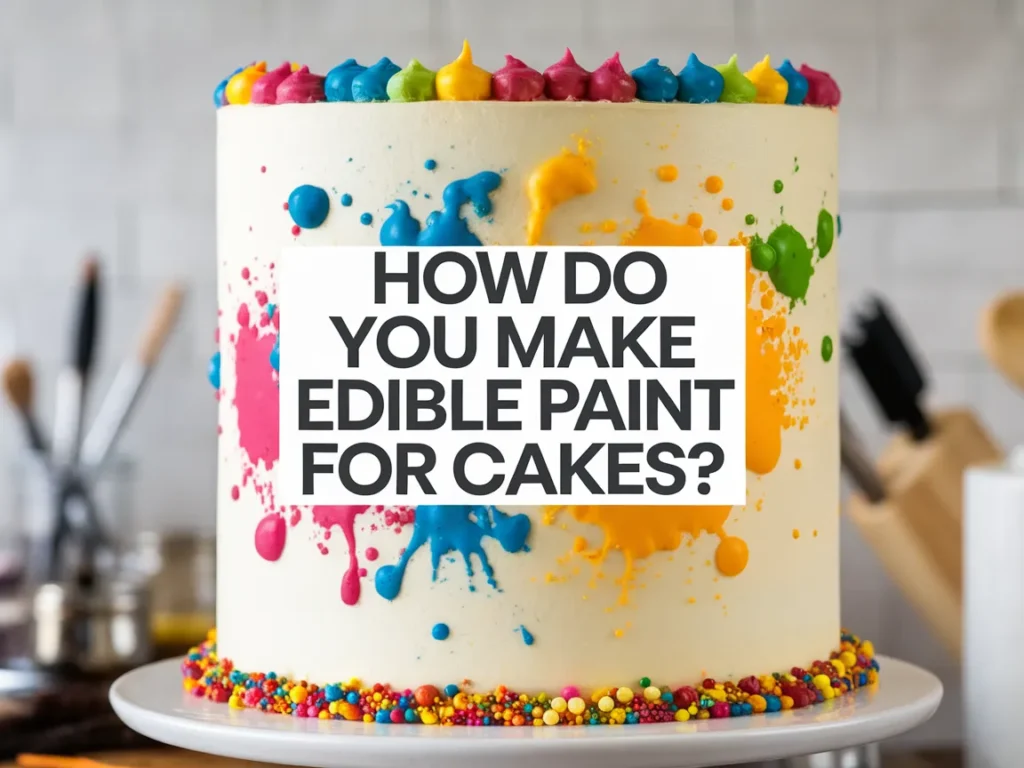 Colorful cake decorated with edible paint splashes, perfect for learning how to make edible paint for cakes.