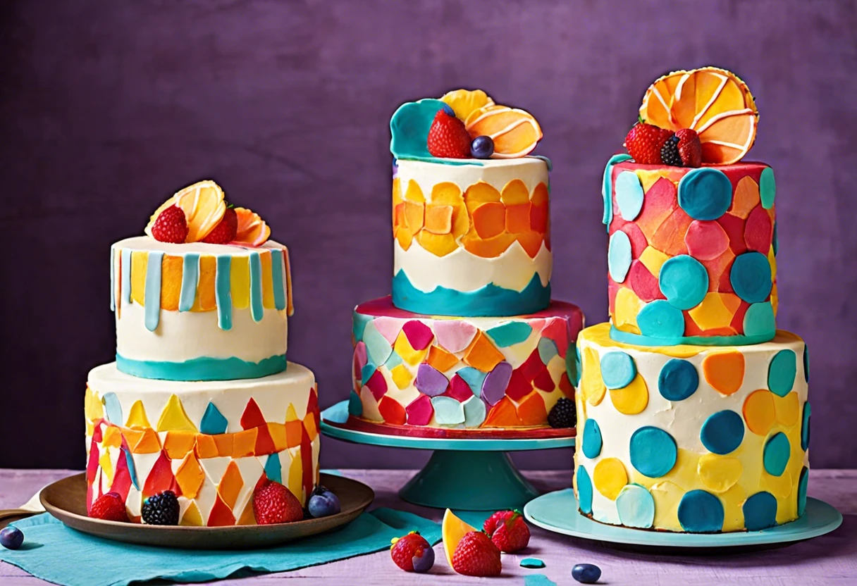 Vibrant cakes decorated with edible paint and colorful fruits, showcasing the art of cake decoration.