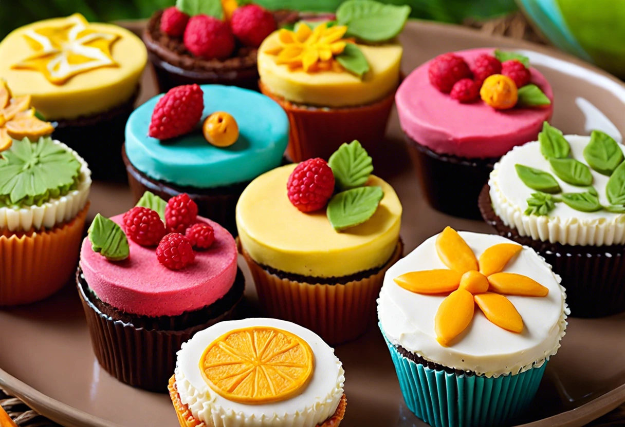 Colorful cupcakes decorated with edible paint and fondant designs for cake decor.