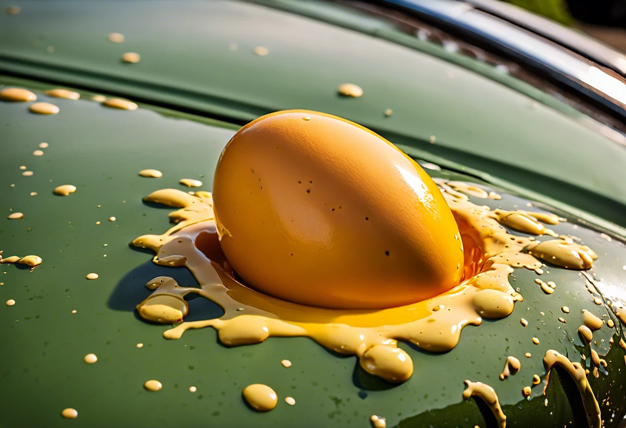 An egg yolk spilling on a car's paint, illustrating the potential damage eggs can cause to car paint.