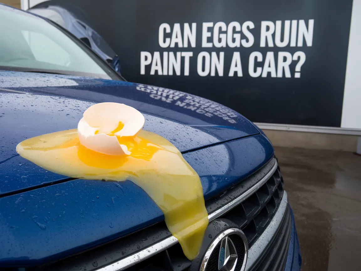 Broken egg with yolk spilled on a car hood highlighting the effects of eggs on car paint.