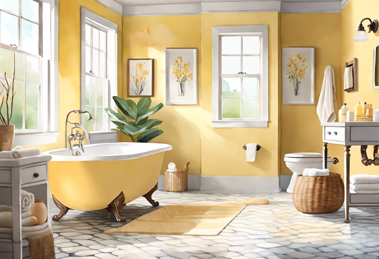 Bright bathroom featuring eggshell paint on walls, showcasing a yellow color scheme and elegant decor.