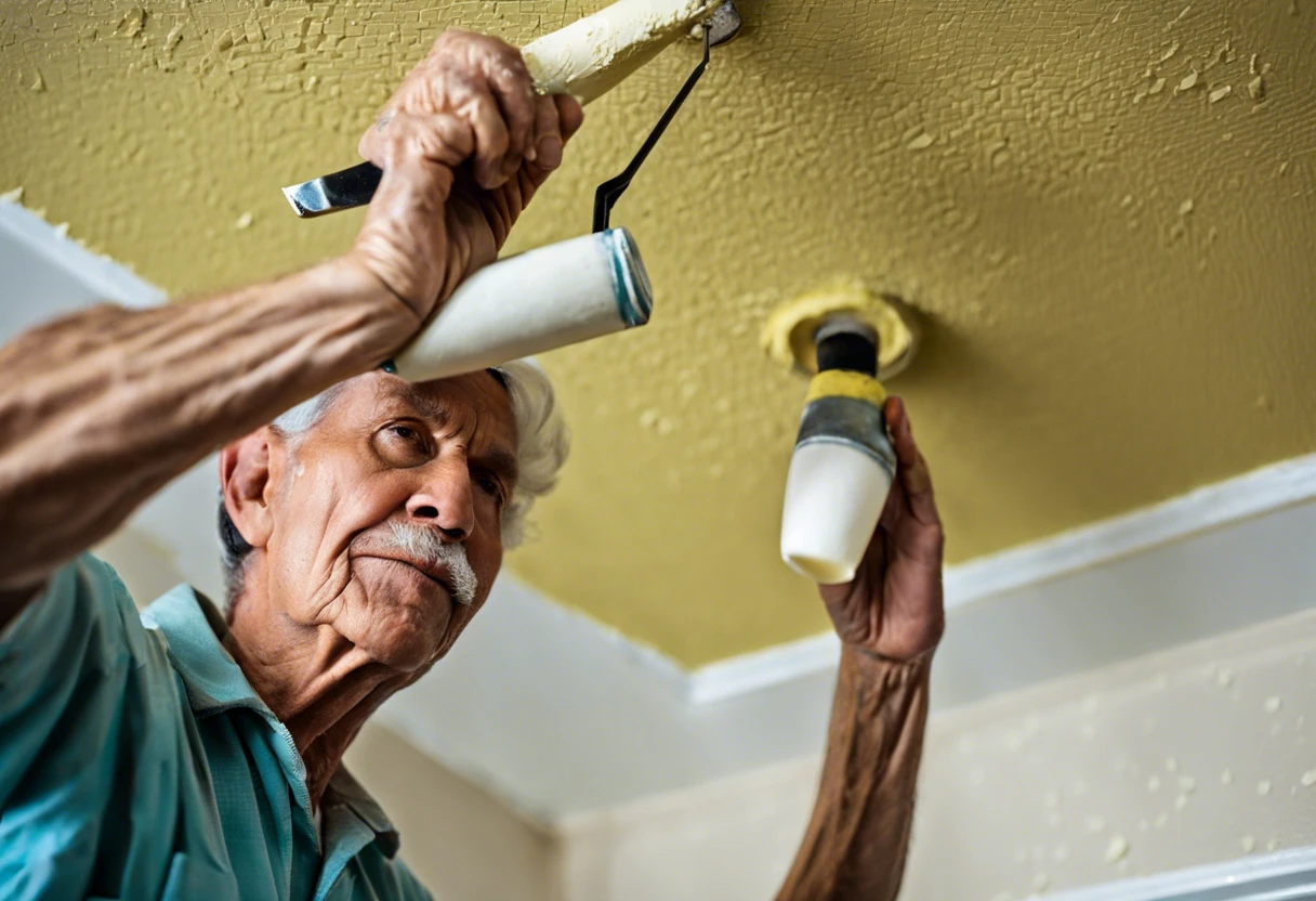 An elderly man painting a ceiling with eggshell paint, illustrating the process of painting with eggshell finish.
