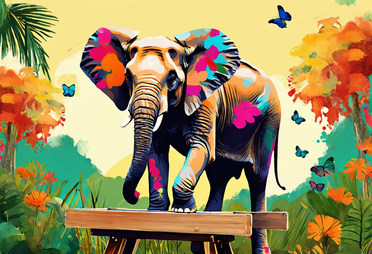 Vibrant image of a colorful painting of an elephant surrounded by nature, related to elephants painting.