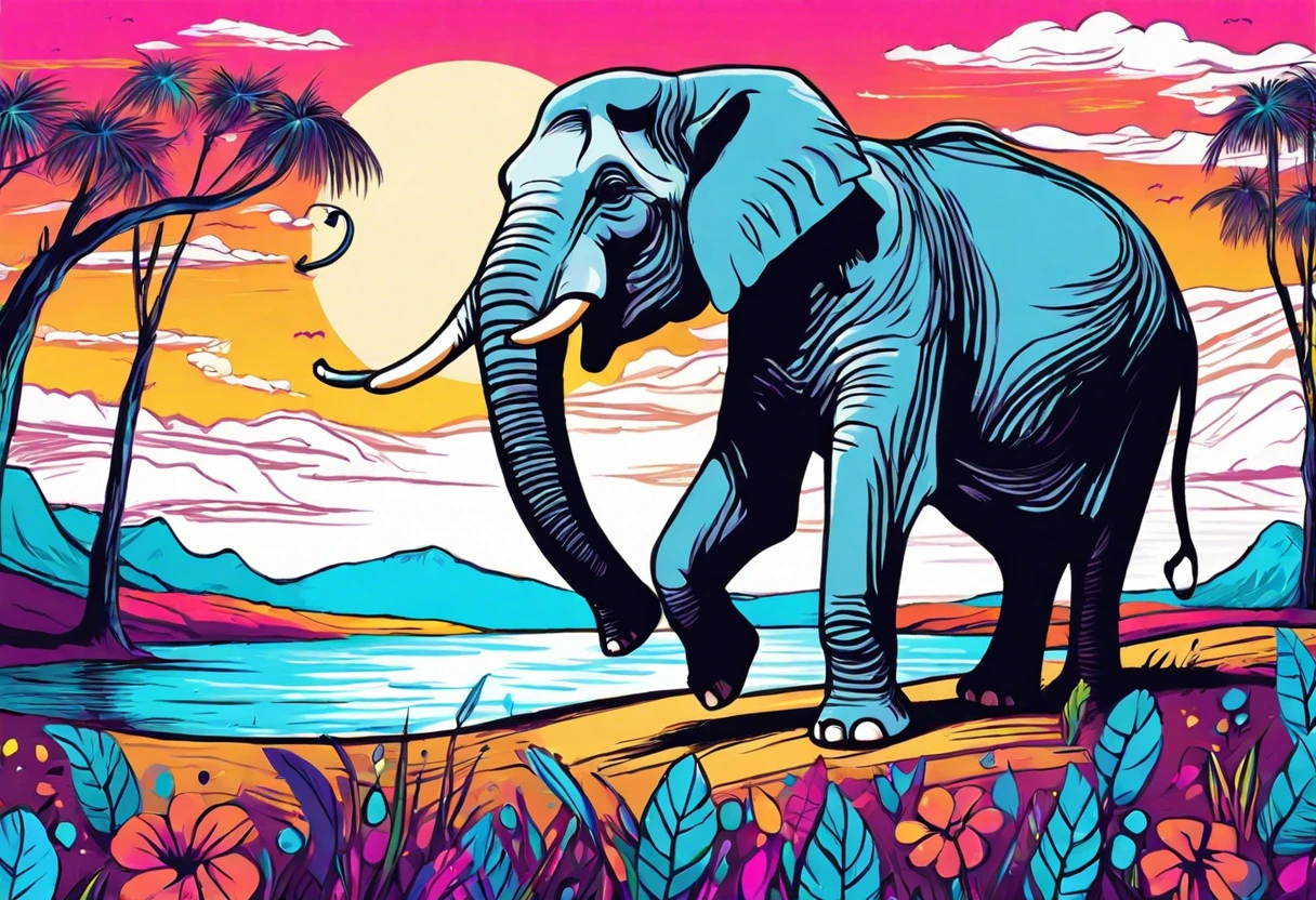Colorful illustration of an elephant walking by a river, representing the concept of can elephants paint.