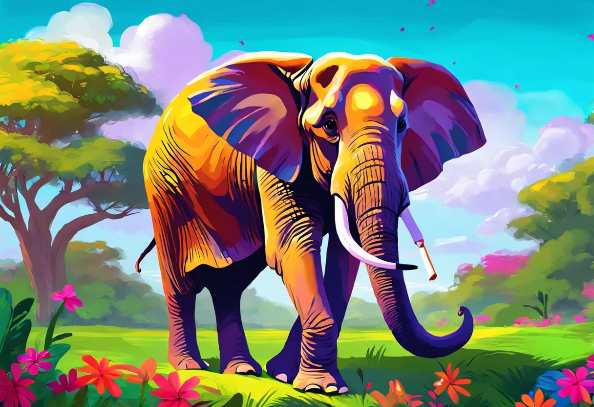 Colorful depiction of an elephant painting in a vibrant landscape, illustrating the concept of can an elephant really paint.