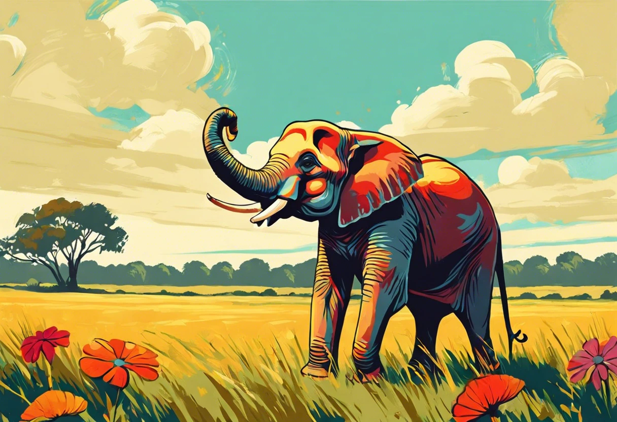 A vibrant illustration of an elephant painting in a scenic landscape, showcasing the creativity of elephants.