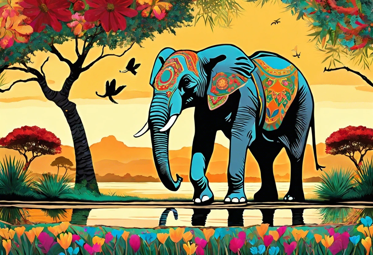 Colorful depiction of an elephant painting in nature with vibrant flowers and trees