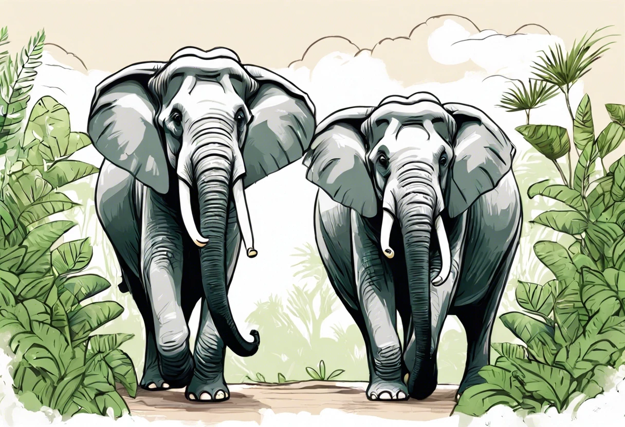 Two elephants walking in a natural setting, highlighting their artistic abilities in painting.