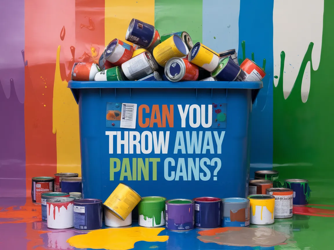A colorful display of empty paint cans in a bin with the question 'Can You Throw Away Paint Cans?'