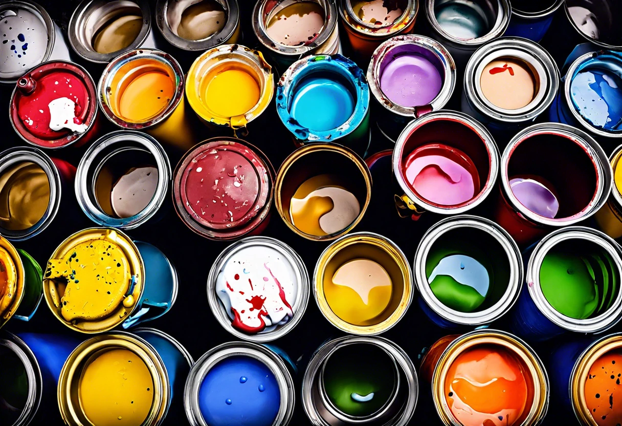 A variety of empty paint cans with colorful residues, highlighting the issue of how to dispose of empty paint cans responsibly.