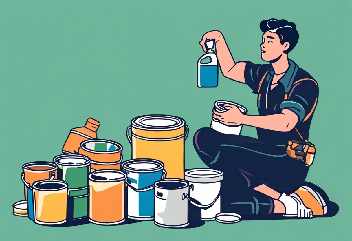 Illustration of a person assessing empty paint cans for disposal, related to whether they can go in the trash