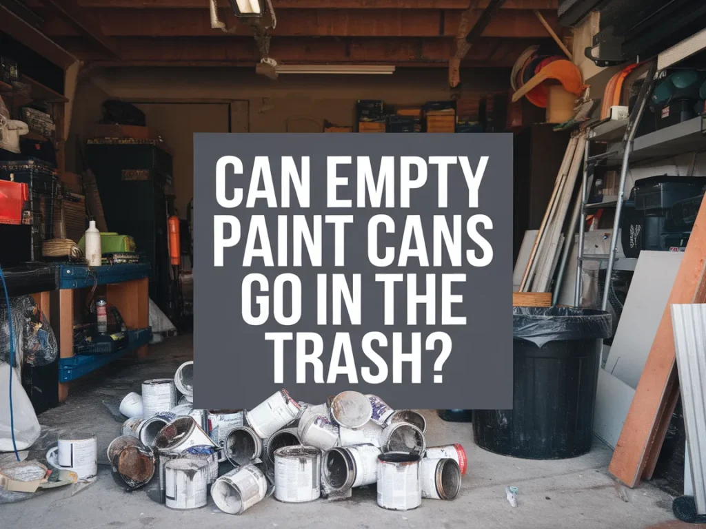 A pile of empty paint cans on the ground, addressing the question of whether they can go in the trash.