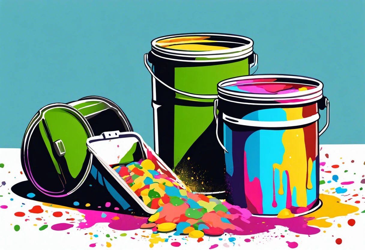 Colorful empty paint cans spilling paint, relevant to the topic of disposing empty paint cans in trash.