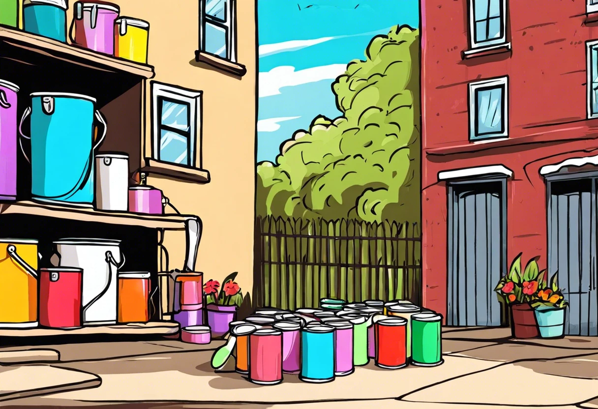 Colorful paint cans arranged outdoors, showcasing ideal conditions for exterior painting.