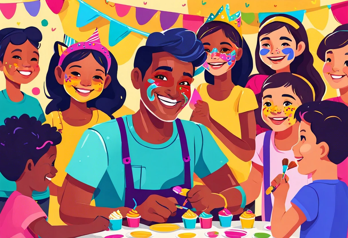 A joyful face painter surrounded by children showcasing colorful face paint designs at a birthday party.