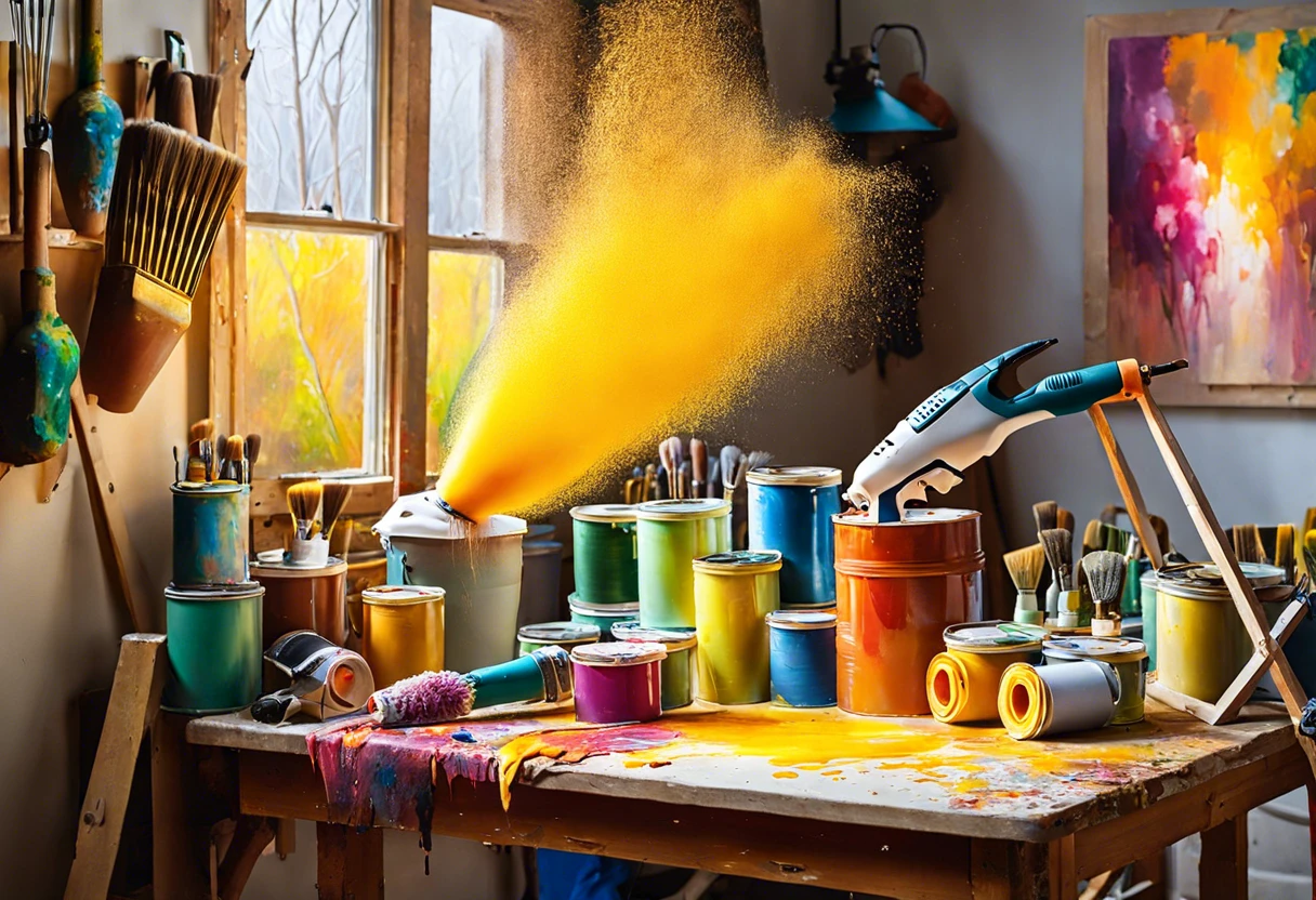Colorful paint cans and spray gun demonstrating techniques to make paint dry faster.
