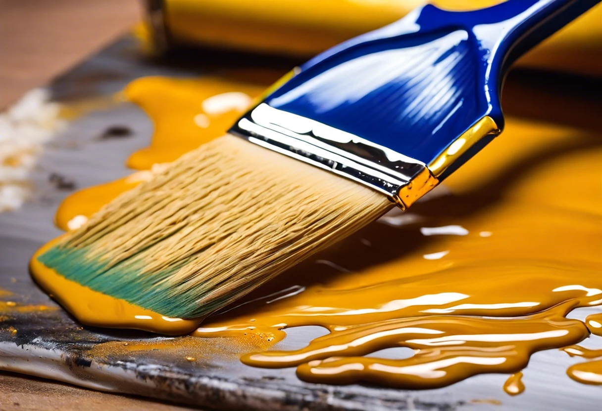 A close-up of a paintbrush with yellow paint, demonstrating techniques to make paint dry faster.