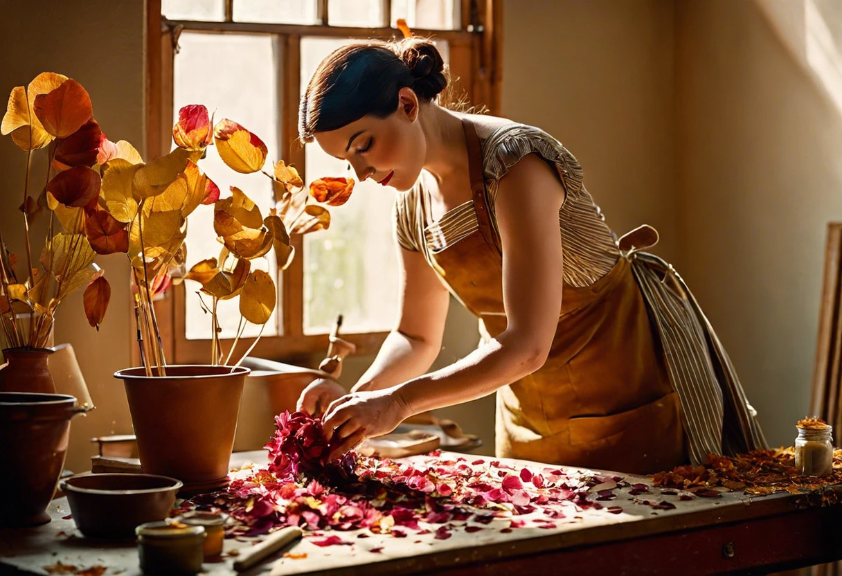 A person arranging flower petals to create natural paint in a sunlit workshop.