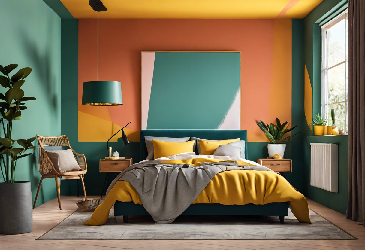 A stylish bedroom with freshly painted walls in vibrant colors, highlighting potential risks of sleeping in a freshly painted room.