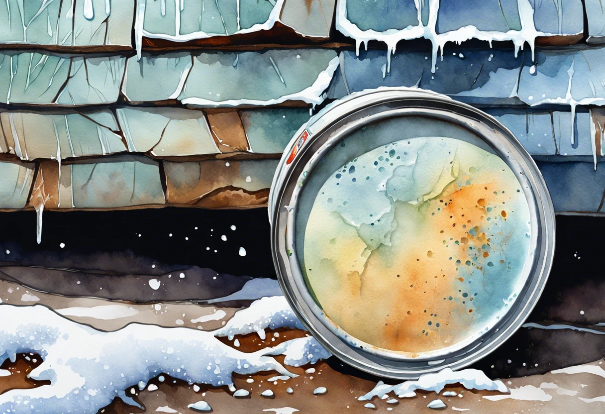 A can of frozen paint beside a snowy surface and icy shingles, illustrating the challenges of salvaging frozen paint.