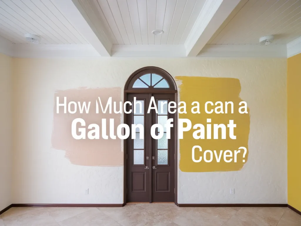 Visual representation showing how much area a gallon of paint can cover, with different painted sections on a wall.