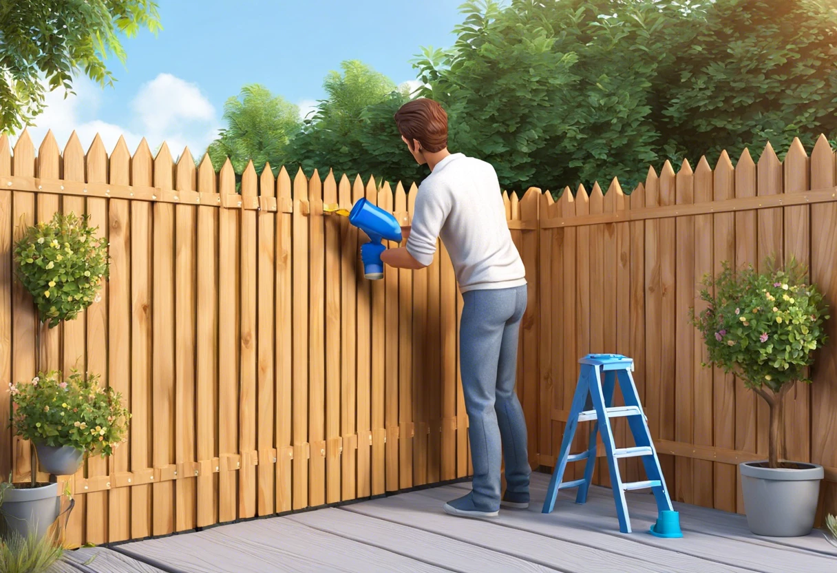 Person painting a wooden fence with a paint sprayer, indicating coverage area of a gallon of paint.