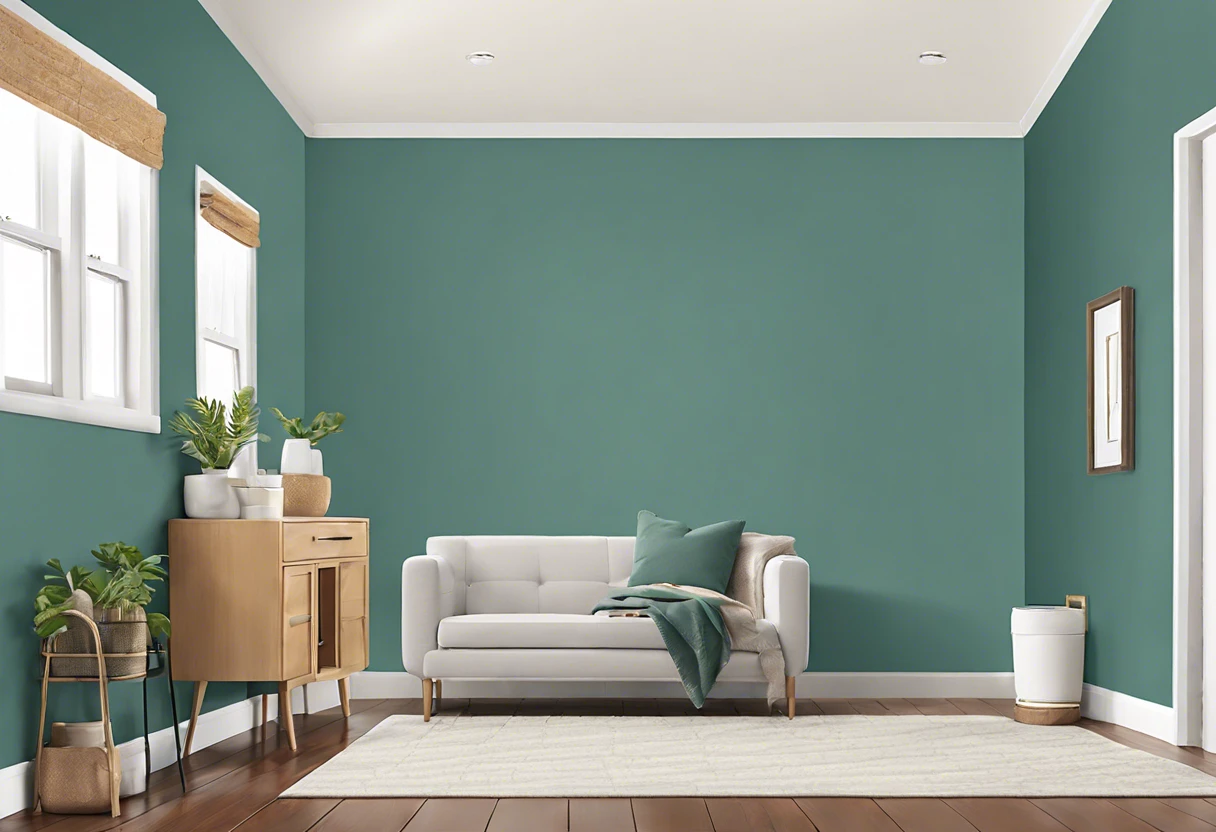 Living room painted with a teal color showcasing coverage of 1 gallon of paint